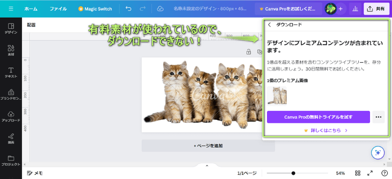 「デザインにプレミアムコンテンツが含まれています。」と表示されている様子