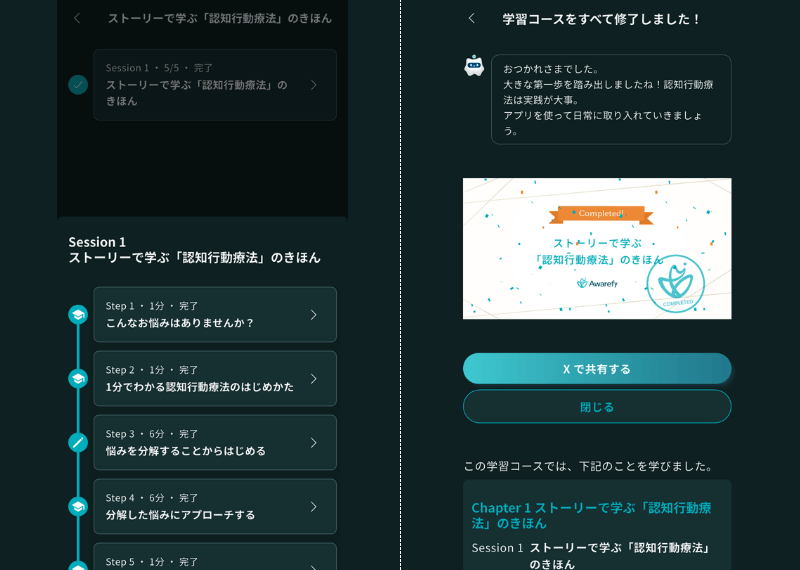 Awarefy(アウェアファイ)の認知行動療法の学習ステップと学習コースをすべて終了した様子