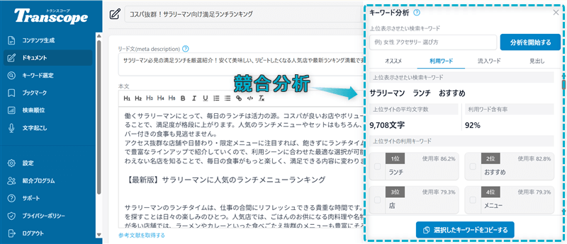 トランスコープで競合分析した結果