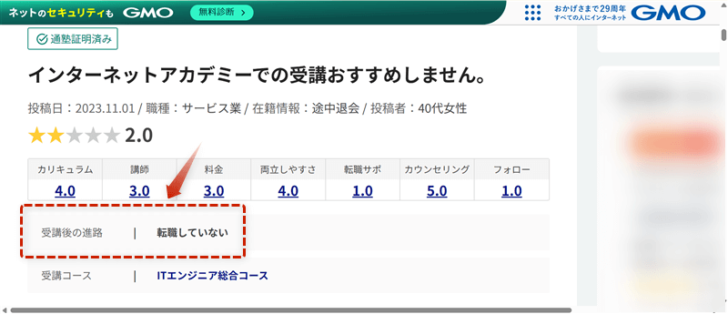 インターネットアカデミーの口コミで就職・転職に活かしたかった人が転職できなかったと書かれている証拠