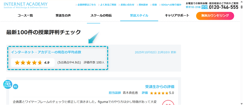 インターネットアカデミーの授業評価が5点満点中4.9点である証拠