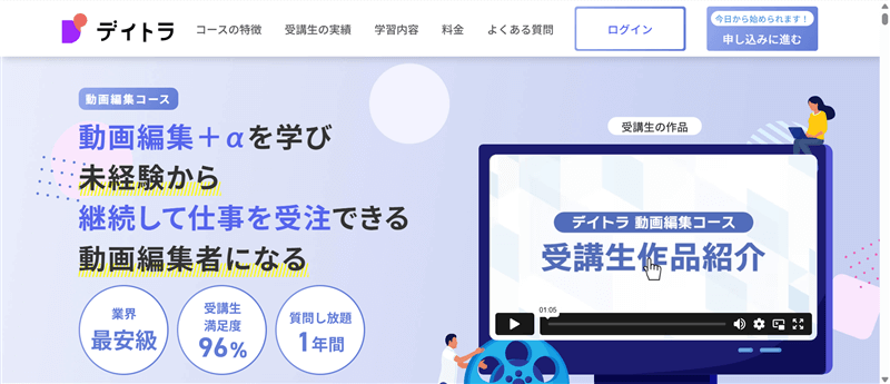デイトラ公式サイト「動画編集コース」のページ画面