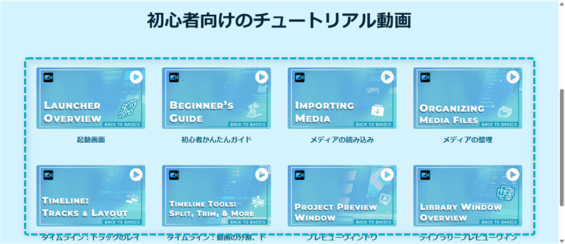 公式サイトにあるPowerDirector初心者向けのチュートリアル画面一覧