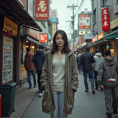 人が多い商店街に立っている女性