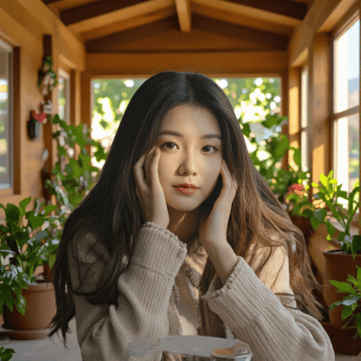 教室に頬をついて座っている女性の背景をPhotoDirectorで植物が置かれている背景に変えた画像