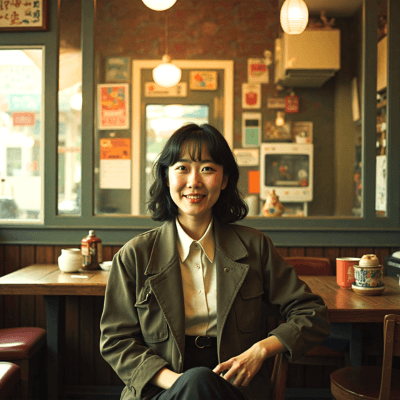 暗めの喫茶店に座っている女性の画像の全体をPhotoDirectorで明るくした画像