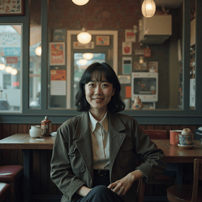 暗めの喫茶店に座っている女性