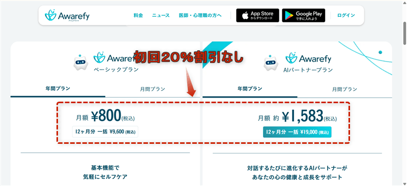 Awarefy公式サイトから直接経由で確認できる初回20％割引されていない年額プランの料金
