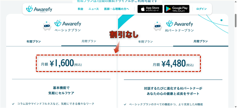Awarefy公式サイトから直接経由で確認できる割引されていない月額プランの料金