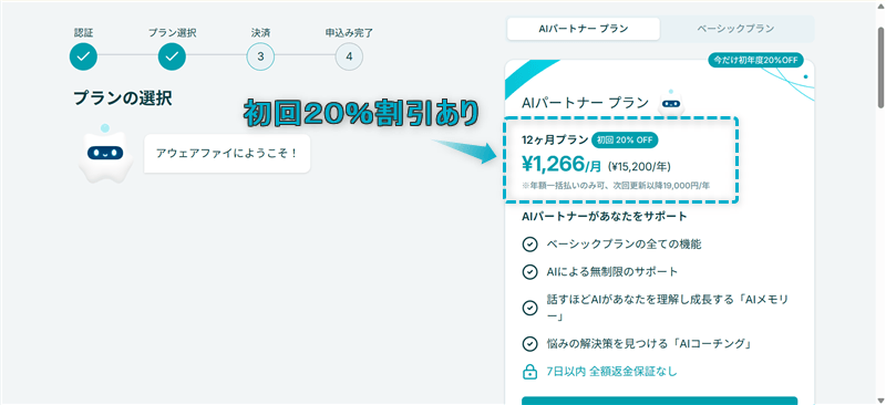 当ブログ経由の料金ページで初回20％割引されている様子