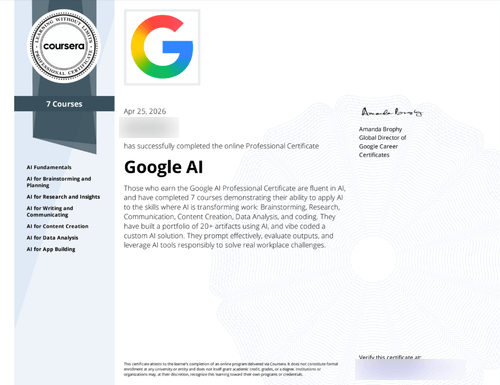 2026年4月25日にGoogle AI Professional Certificateを取得した証明書