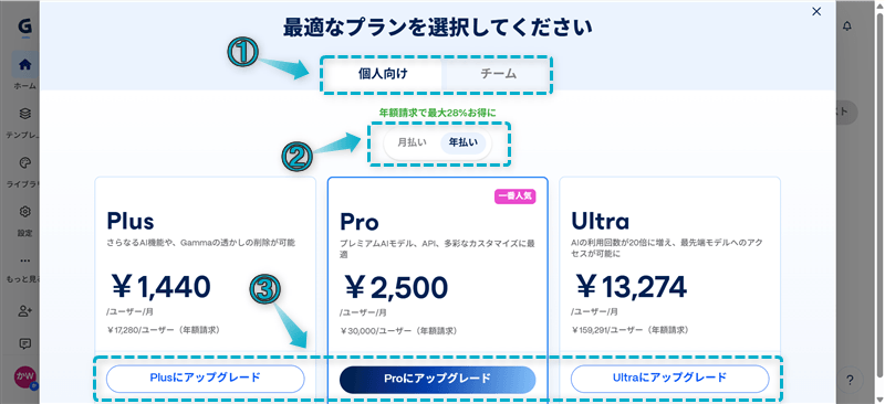 Gammaでプランをアップグレードする手順-3